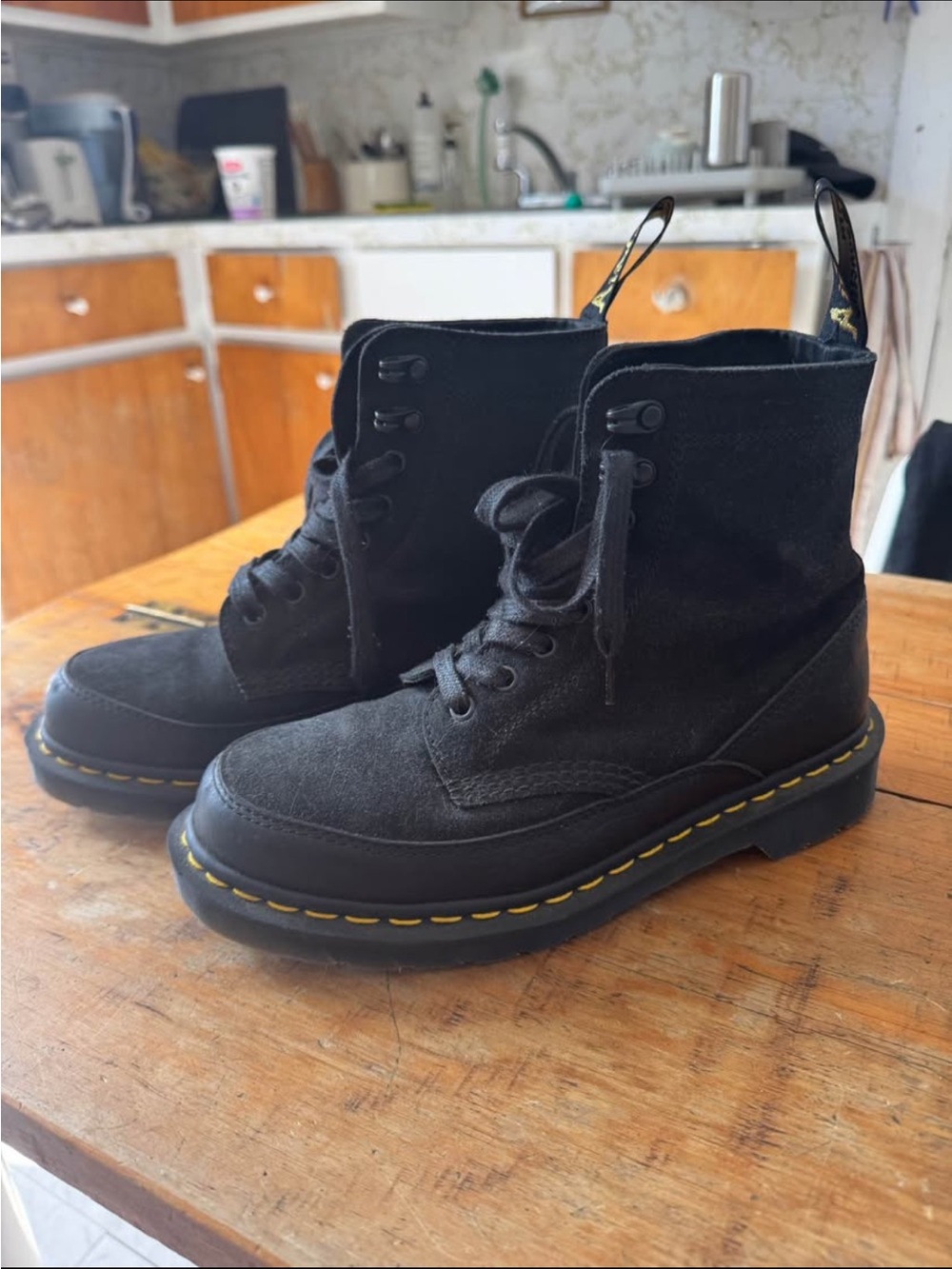 Dr. Martens Black Lace-Up Boots with Yellow Welt Stitching